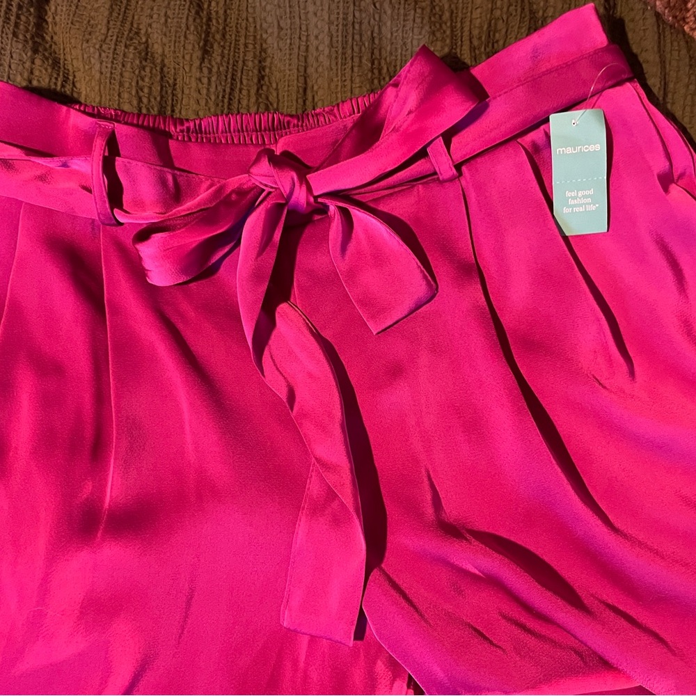 Maurices Fuchsia Straight Leg Satin Pants with Bow Accent